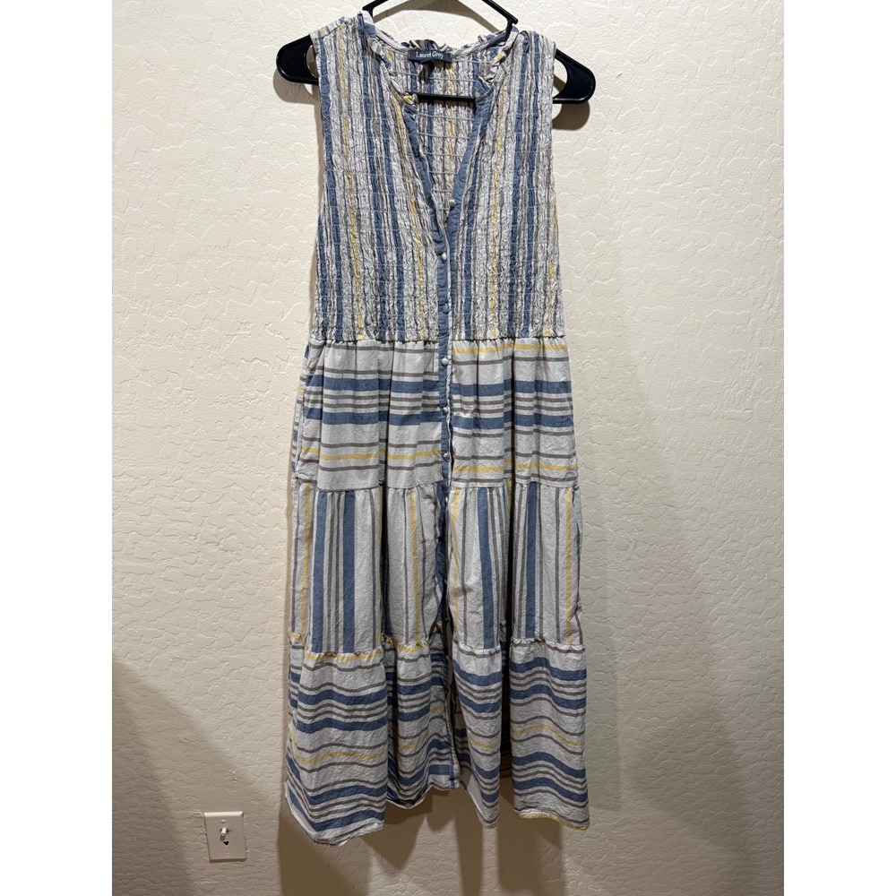 Laurel Grey Blue Striped Smocked Tiered Midi Dress Sleeveless Button Front Small